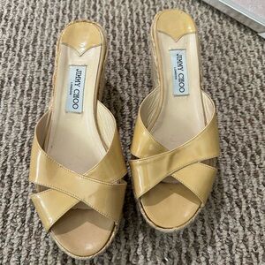 Jimmy Choo Yellow Patent Crisscross Slide Sandals